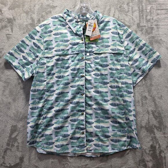 L.L.Bean Tropicwear Shirt Womens 2X Plus Blue Fish Print UPF 50 Short Sleeve - Picture 1 of 14